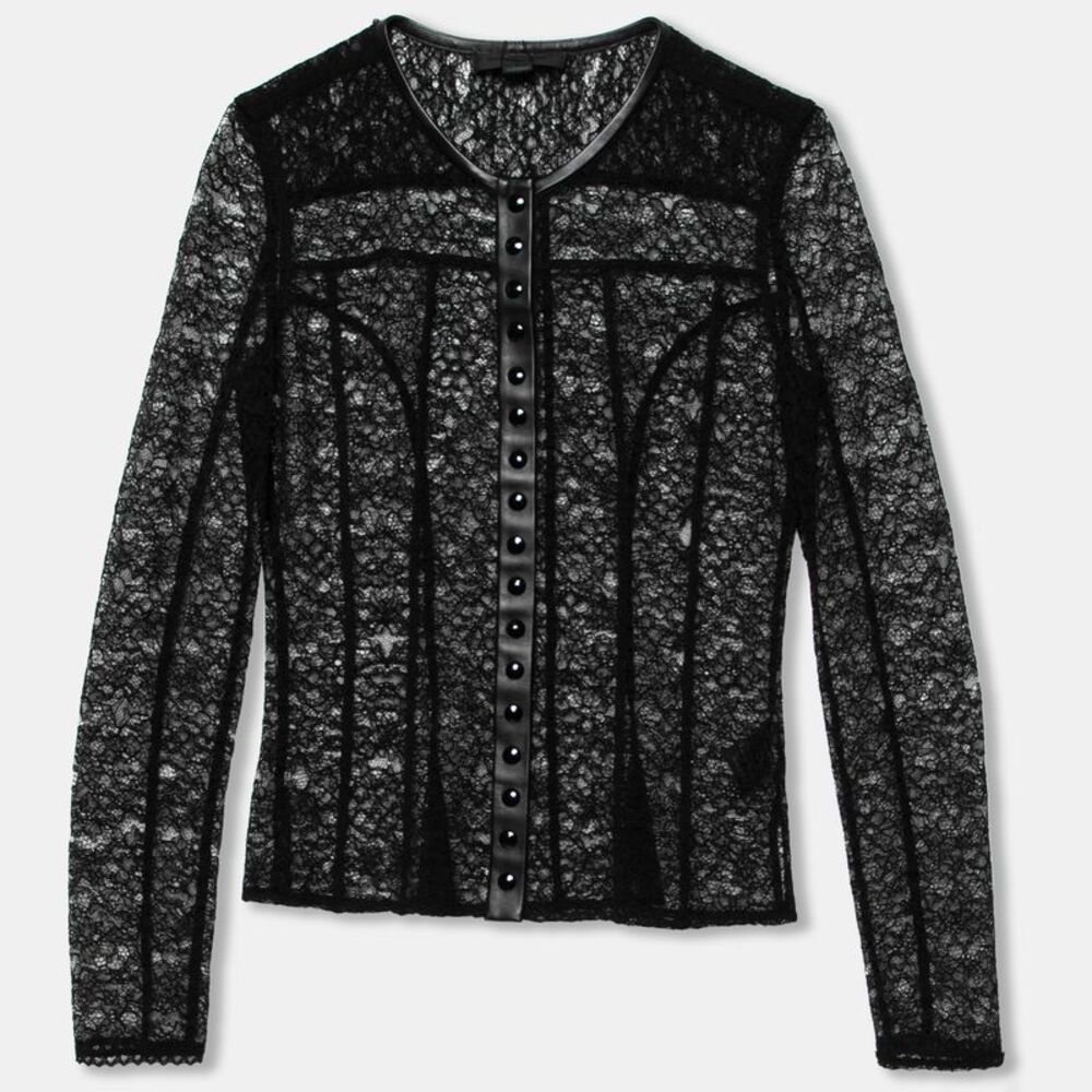 Alexander Wang Black Lace & Leather Trimmed Button Front Top S